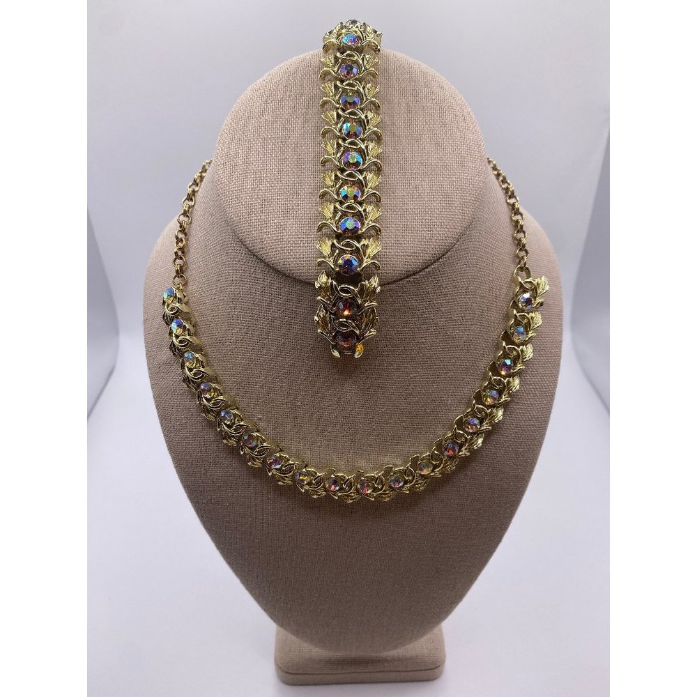 Vintage aurora borealis goldtone necklace and bracelet set